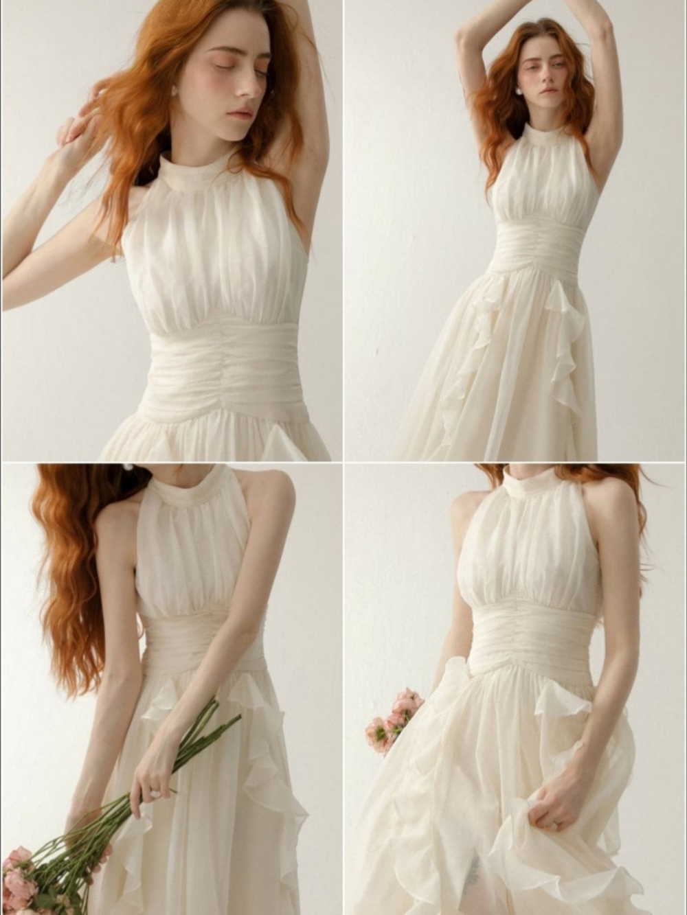 Ivory Halter Midi Dress with Ruffle Front - Picture 2 of 3